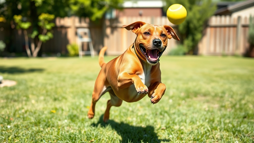 lab dog mix with pitbull - A friendly, muscular lab-pit mix dog playing fetch in a sunny backyard, mid-jump