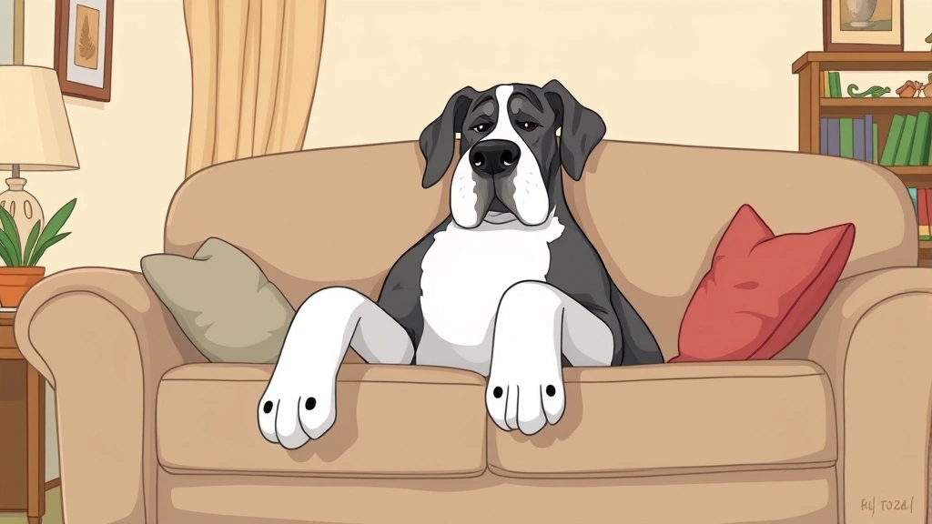 largest dog breed - A cartoon illustration of a gentle, oversized Great Dane sitting peacefully on a