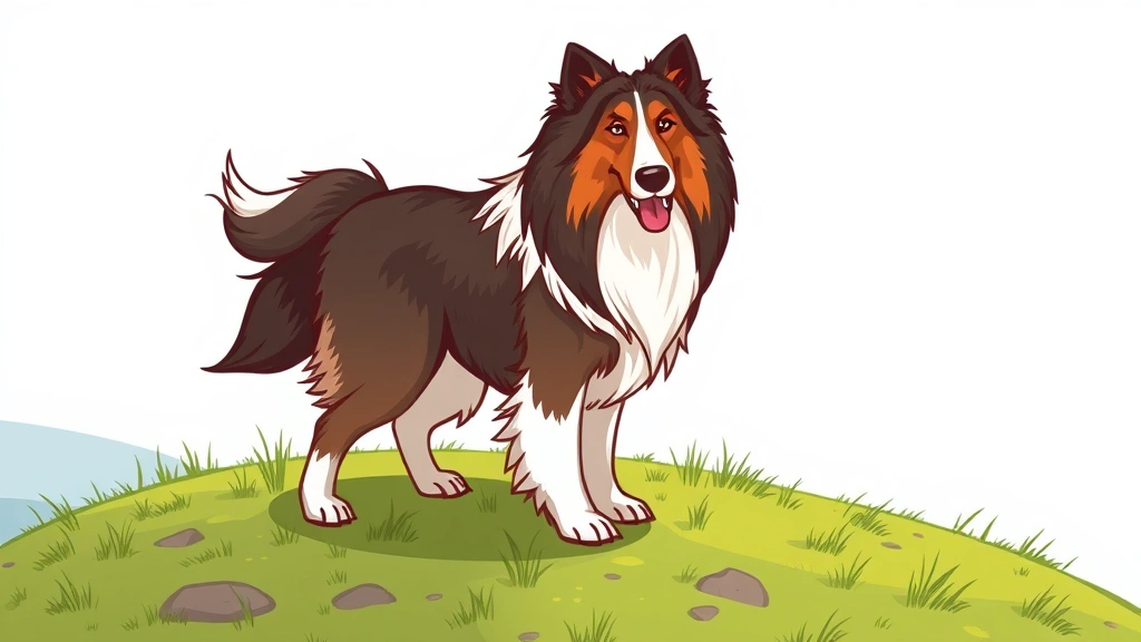 lassie dog - A cartoon illustration of a Rough Collie dog with flowing coat standing majestic