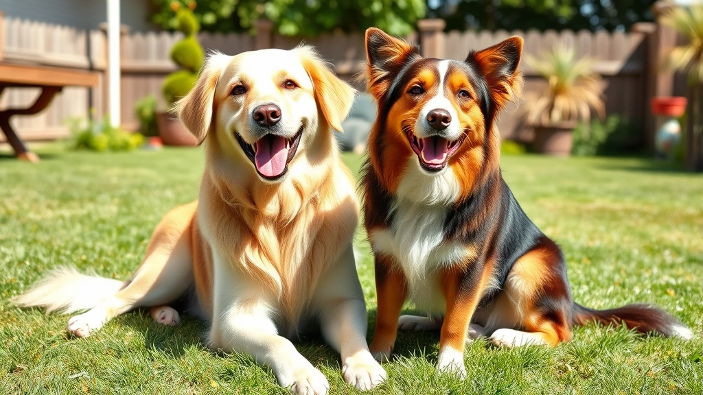 medium dog breeds - A happy golden retriever and a playful border collie sitting together in a sunny