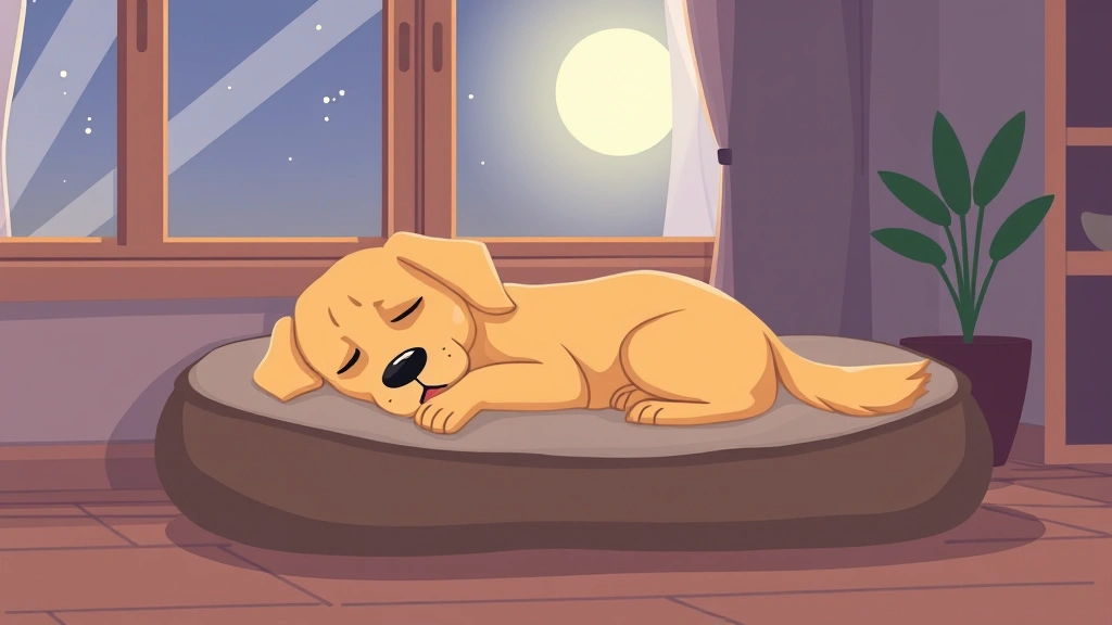 melatonin for dogs - Cartoon illustration of a peaceful golden retriever sleeping on a cozy dog bed a