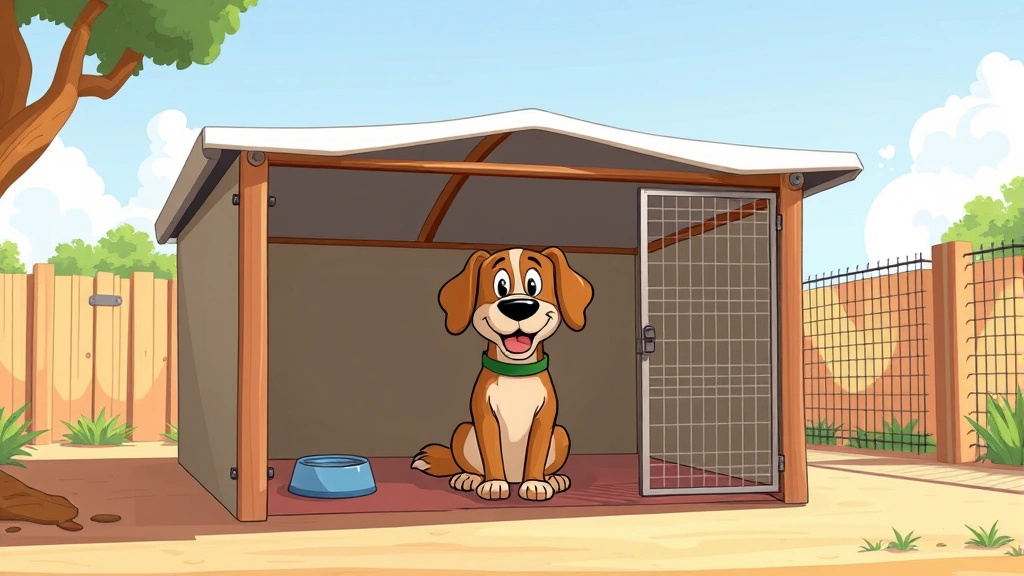 outdoor dog kennel - A cartoon dog sitting comfortably inside a spacious outdoor kennel with a metal