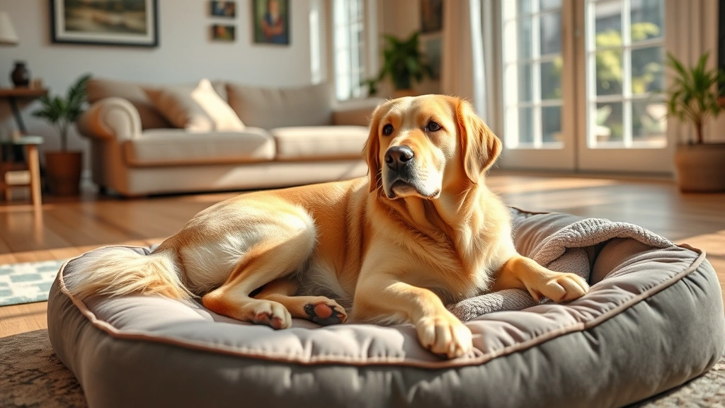 pain meds for dogs - A golden retriever lying comfortably on an orthopedic dog bed in a sunlit living