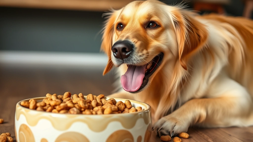 pro plan dog food - A friendly golden retriever happily eating from a ceramic bowl filled with kibbl