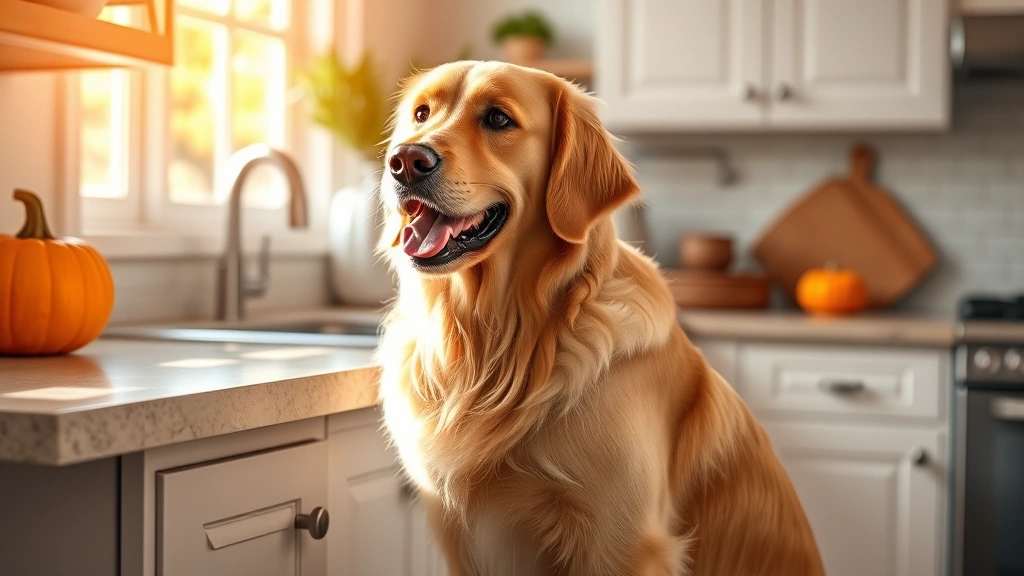 pumpkin for dogs - A friendly golden retriever sitting in a sunny kitchen, looking at a bright oran
