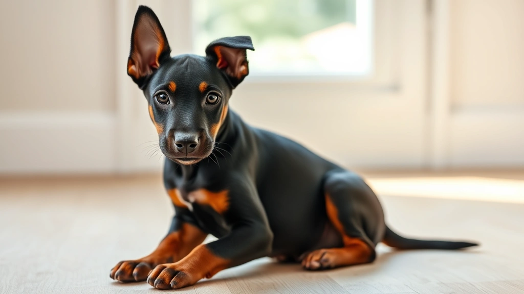 puppy doberman dog - A sleek black and rust Doberman puppy sitting alertly on a light wooden floor, e