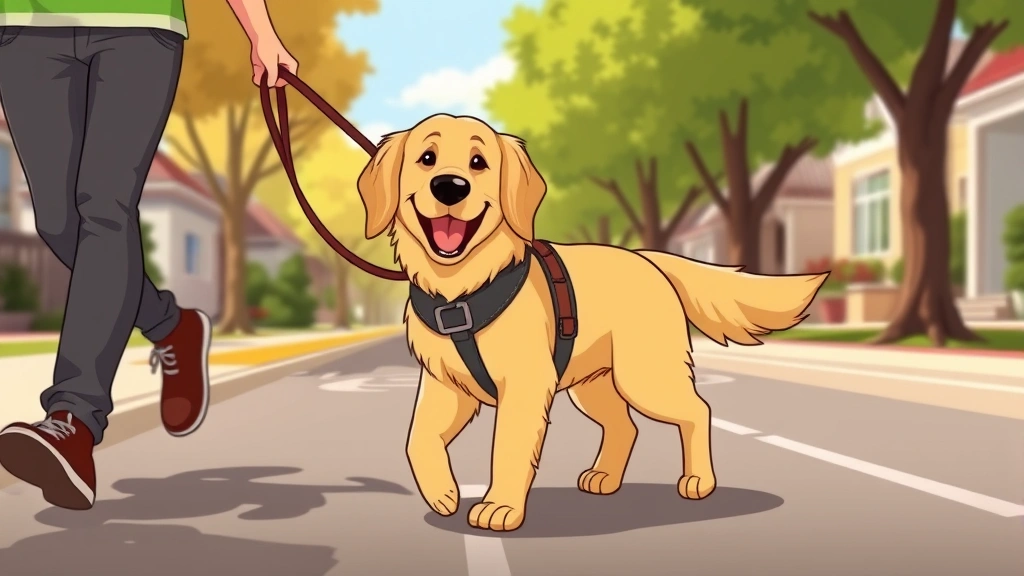 rover dog walking - A happy golden retriever on a sunny street wearing a comfortable harness, walkin