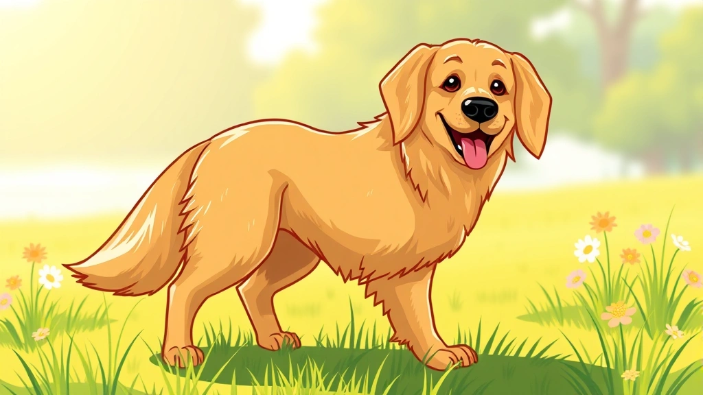 salmon oil for dogs - Cartoon golden retriever with shiny, healthy coat standing in a sunny meadow, pl
