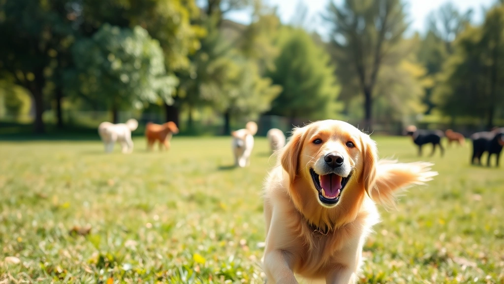 seattle dog - A happy golden retriever playing fetch in a grassy off-leash dog park with trees