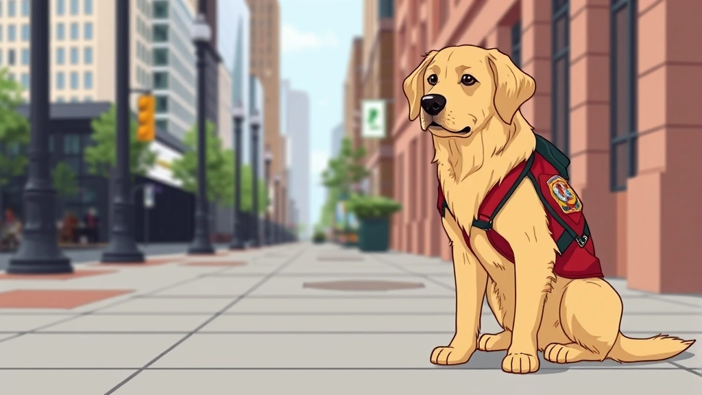 service dog vest - A golden retriever wearing a professional red service dog vest with patches, sit