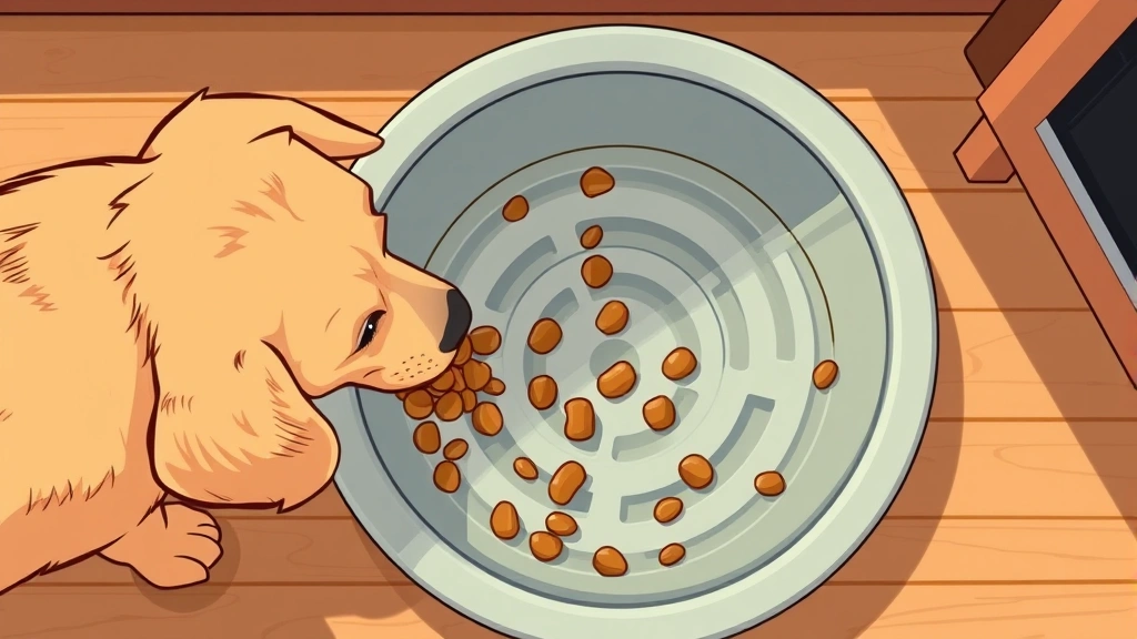 slow feeder dog bowl - Cartoon illustration of a golden retriever eating from a maze-patterned slow fee