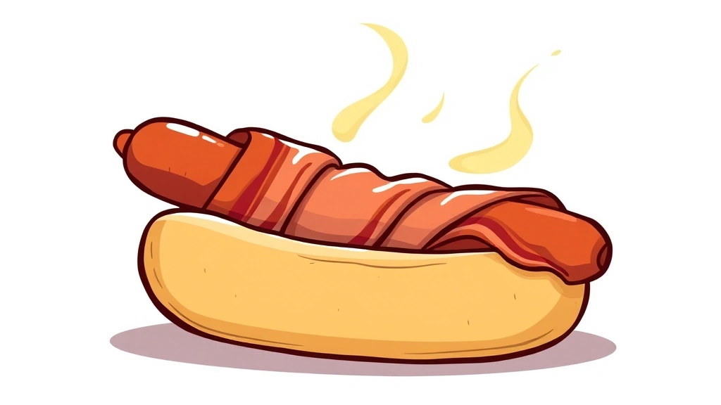 sonoran hot dog - Cartoon illustration of a perfectly grilled bacon-wrapped hot dog on a soft boli