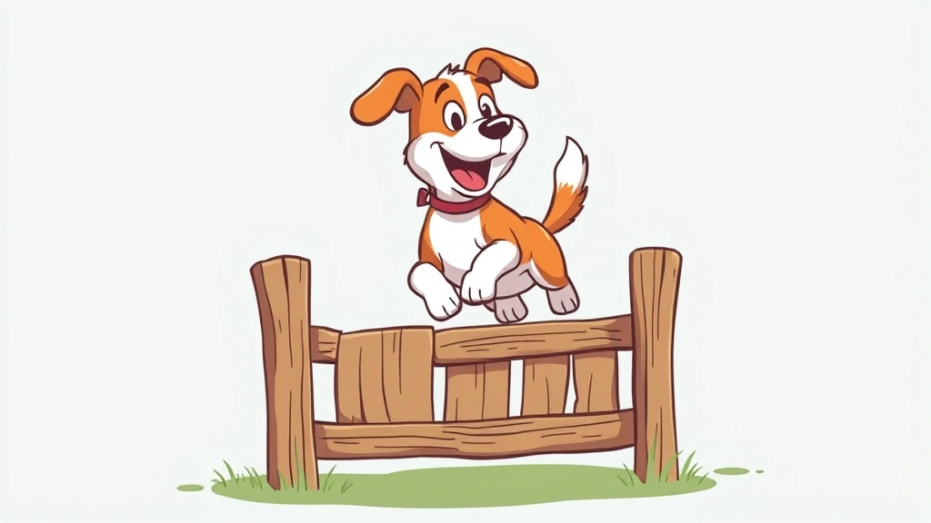 the lazy dog jumps over - Cartoon illustration of a happy medium-sized dog mid-jump over a low wooden fenc