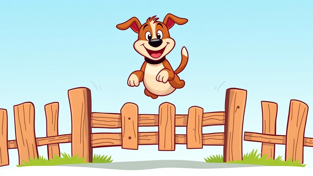 the lazy dog jumps over the - A cartoon dog in mid-jump over a low wooden fence, mid-air with happy expression