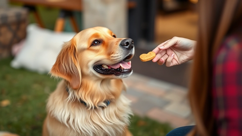 the quick brown fox over the lazy dog - A happy golden retriever sitting attentively facing a smiling person holding a t