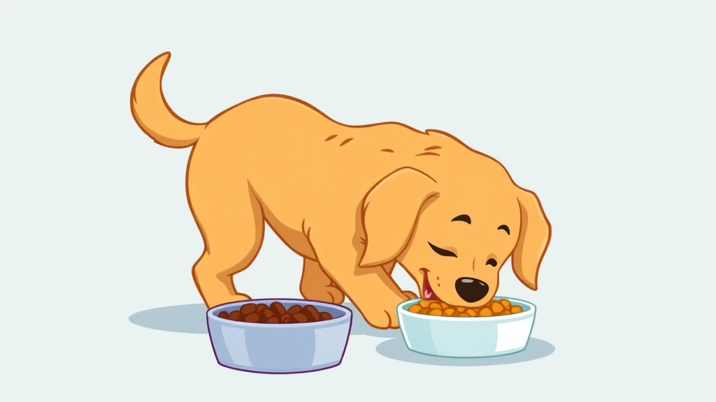 tractor supply dog food - cartoon illustration of a golden retriever happily eating from a bowl with a bri