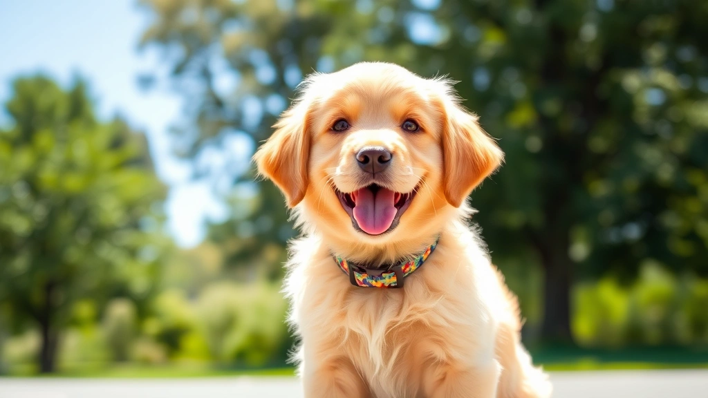 unique dog names - A fluffy golden retriever puppy wearing a colorful collar, sitting outdoors with