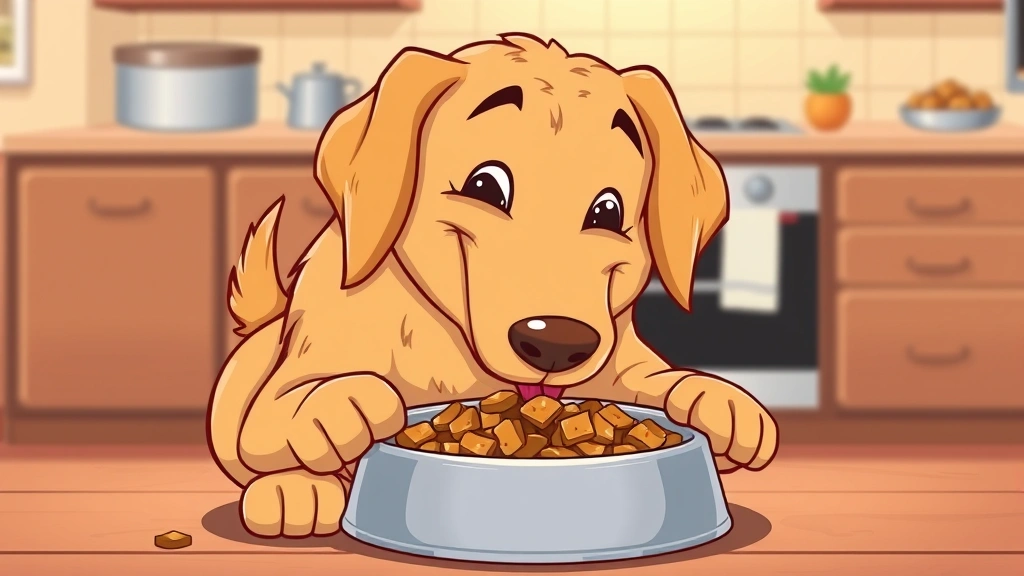 wet dog food - Cartoon illustration of a happy golden retriever eating from a bowl of wet dog f