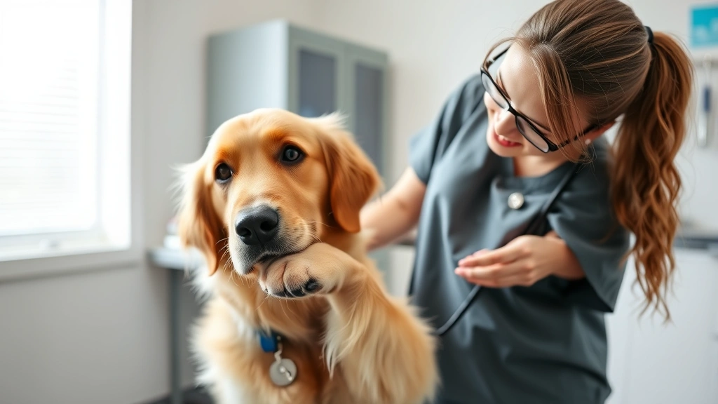 what can i give my dog for pain - A friendly veterinary technician in scrubs holding a golden retriever's paw gent