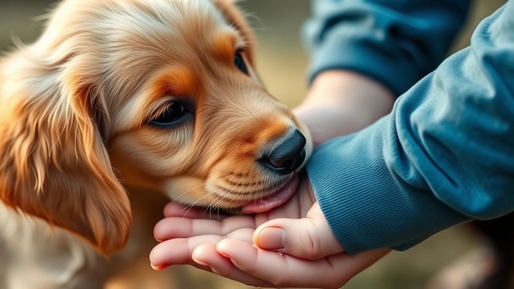 Close-up of golden retriever puppy licking owner's hand with soft focus, warm natural lighting, genuine affection expression, hands together