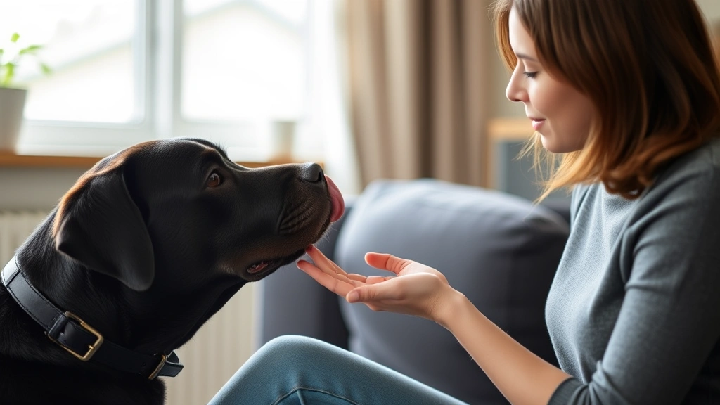 Adult labrador gently licking woman's hand while sitting, peaceful indoor setting, soft daylight from window, calm bonding moment
