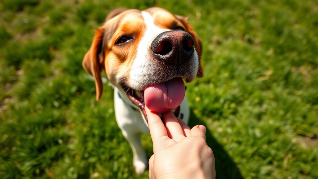 Dog licking person's hand outdoors on grass, sunny day, joyful interaction, clear view of dog's face and human hand connection