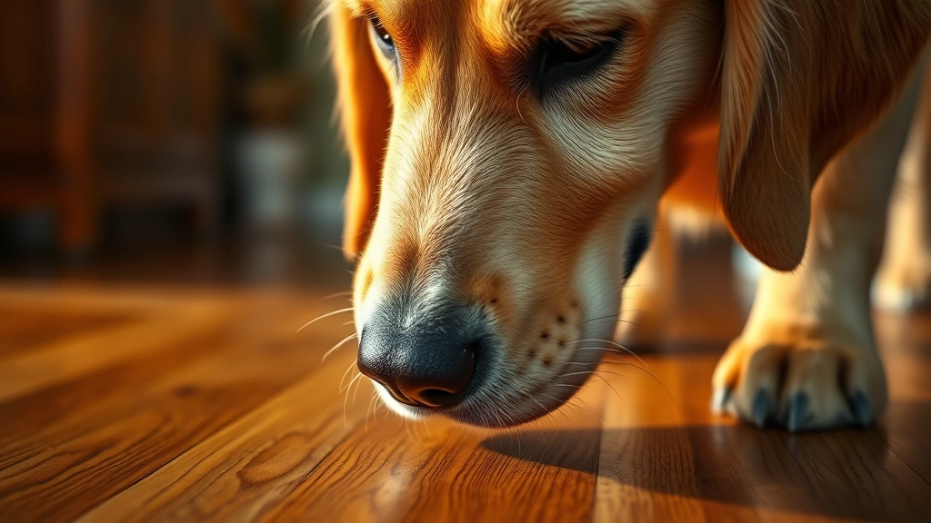 Close-up of a golden retriever's face near hardwood floor, nose to ground, sniffing intently, warm indoor lighting, photorealistic