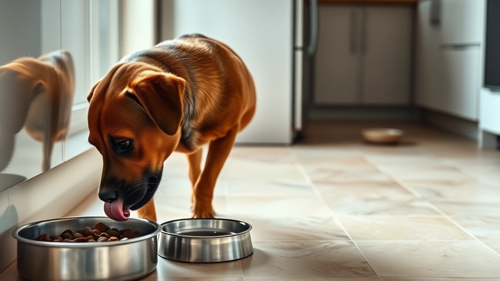 Side profile of a brown dog licking kitchen tile floor near food bowls, natural daylight from window, detailed floor texture visible