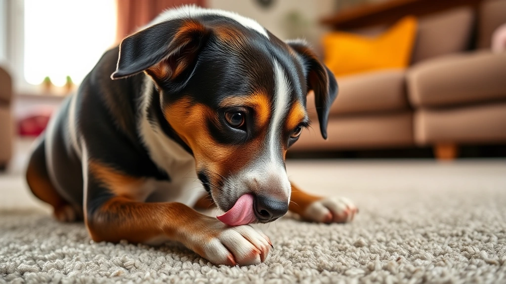 Anxious-looking dog licking living room carpet, curled body posture, soft natural lighting, cozy home interior background