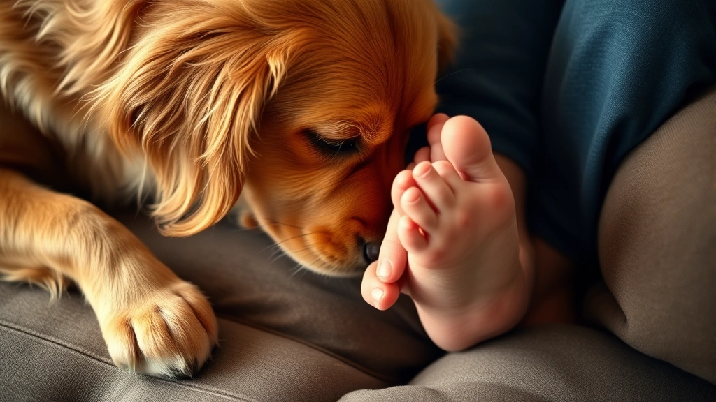 Close-up of a golden retriever sniffing and nuzzling a person's bare feet on a couch, warm lighting, showing affection and bonding