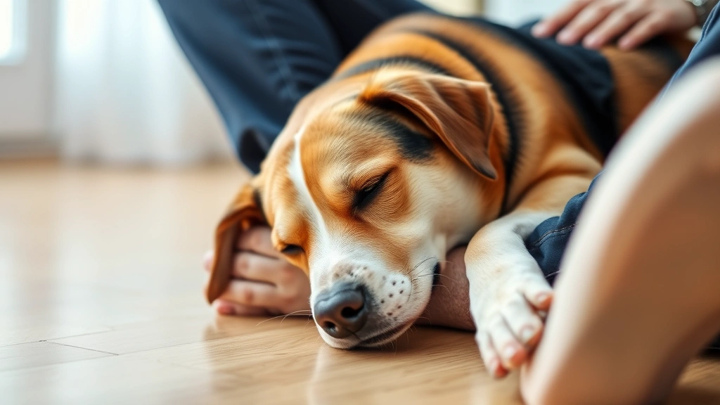 Dog resting its head contentedly on owner's feet while sitting on hardwood floor, peaceful expression, demonstrating comfort and security seeking