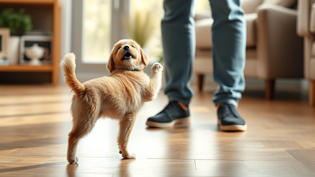 Playful puppy pawing at owner's feet indoors, tail wagging, natural daylight, showing attention-seeking and interactive behavior