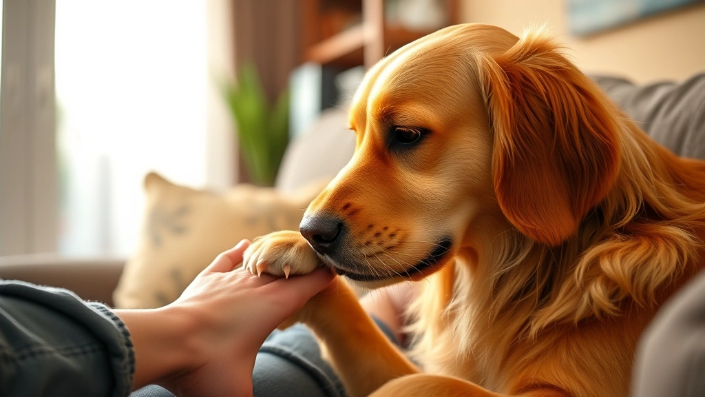 Golden retriever gently licking owner's foot while sitting on couch, warm living room lighting, close-up of dog's face showing affection