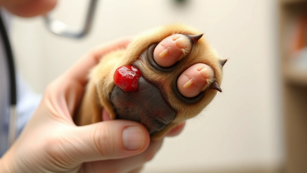 Dog's paw with visible redness and irritation, veterinarian examining affected area, clinical setting with soft focus background