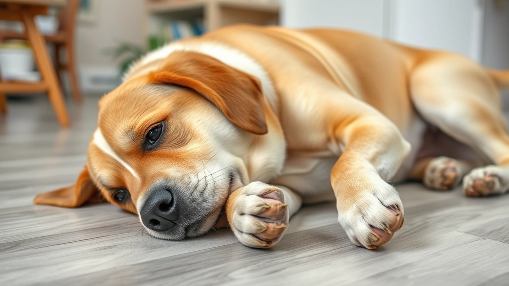 Dog lying on floor looking anxious and licking its own paws repeatedly, indoor home environment showing stress behavior