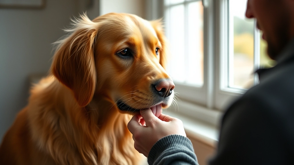 Golden Retriever gently mouthing owner's hand during calm indoor bonding moment, soft focused eyes, relaxed expression, natural window lighting