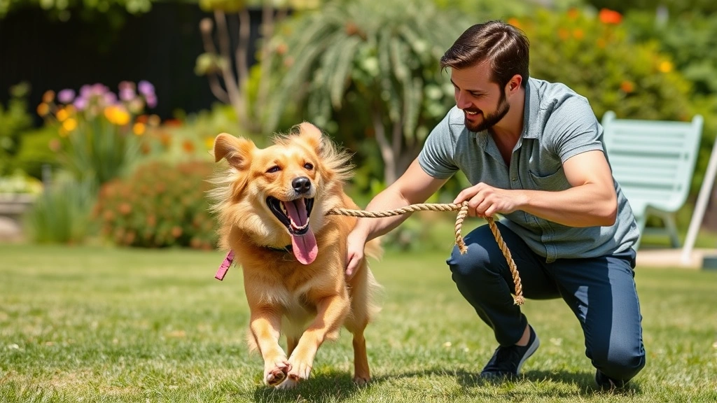 Owner playing with energetic dog using rope toy, both engaged and happy, mid-play action, outdoor garden setting, clear sunny day