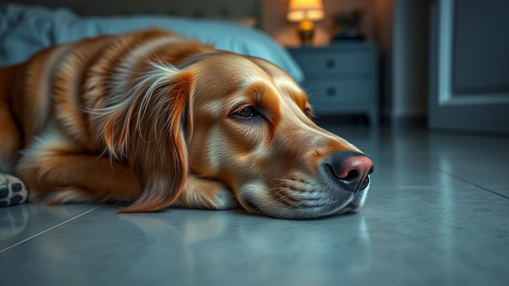 Golden Retriever lying on cool tiled floor at night, panting slightly, relaxed expression, bedroom with dim lighting, photorealistic, close-up of dog's face
