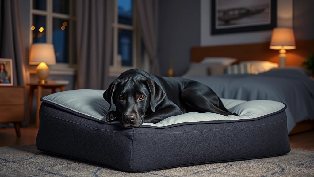 Senior black Labrador on orthopedic dog bed in cool bedroom, nighttime scene, soft lighting from window, dog resting comfortably, photorealistic