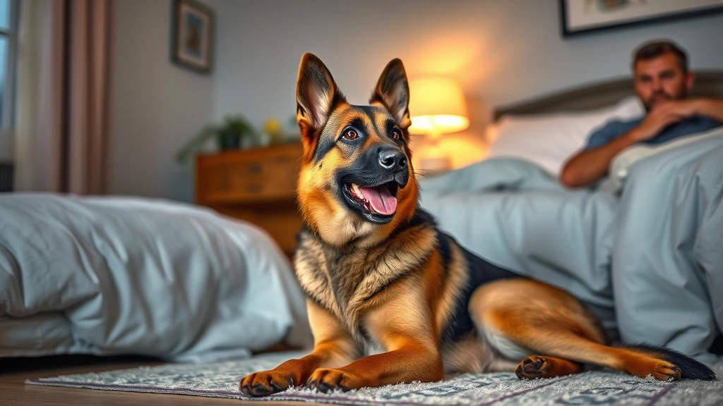 German Shepherd panting during anxiety moment, sitting on bedroom floor looking toward owner, worried expression, warm bedroom setting, realistic evening lighting