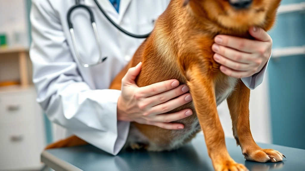 Close-up of veterinarian in white coat examining brown dog's abdomen with stethoscope on examination table, professional clinic setting