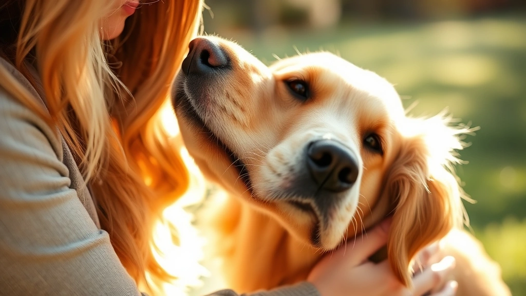 Close-up of a golden retriever's face gently rubbing against a woman's arm outdoors in soft natural sunlight, showing affection and bonding