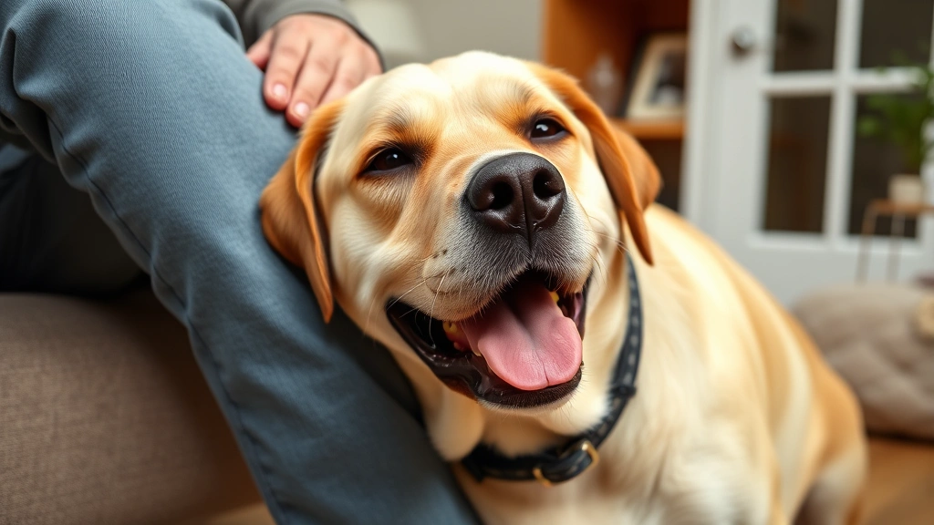 A happy labrador with relaxed expression pressing its cheek against owner's leg indoors, demonstrating comfortable pack bonding behavior