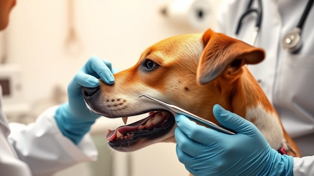 Side profile of a dog getting dental examination by a veterinarian with tools, professional clinic setting, warm lighting emphasizing care and trust
