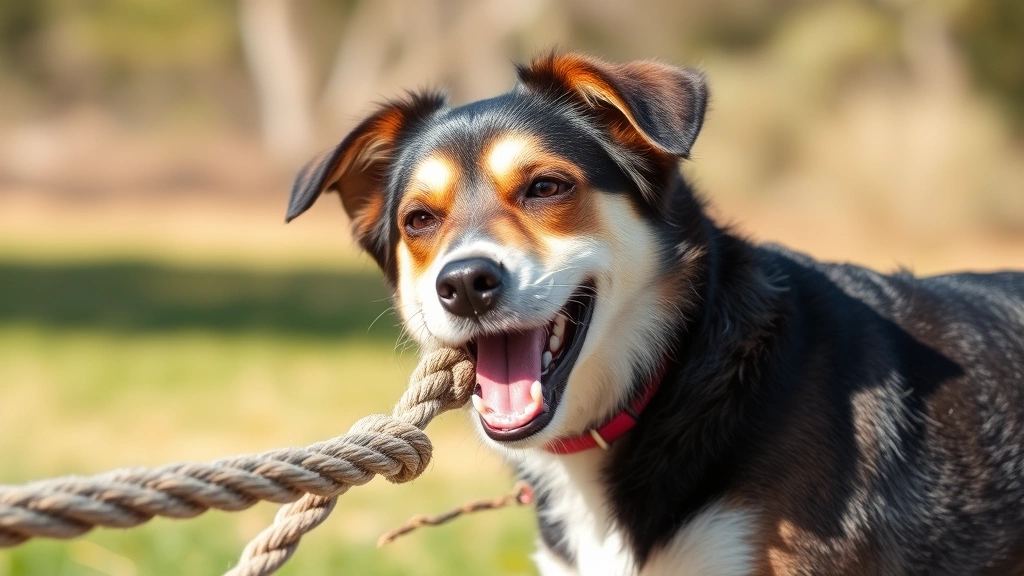 Happy dog playing with rope toy outdoors in natural sunlight, demonstrating healthy active behavior and dental health maintenance activity