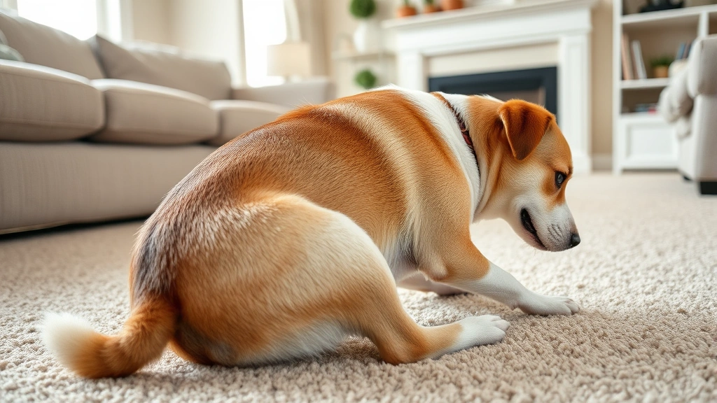 Side view of a medium-sized mixed breed dog circling and scratching on a beige carpet in a living room, demonstrating denning behavior before lying down