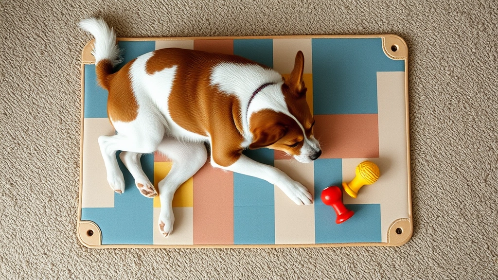 Overhead shot of a brown and white dog lying on a puzzle toy mat instead of scratching carpet, showing positive behavioral redirection and enrichment