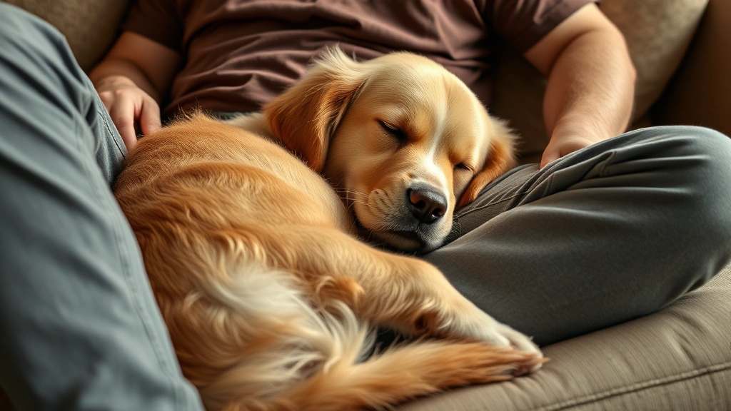 Golden Retriever curled up sleeping between owner's legs on couch, cozy intimate moment, warm lighting, dog's face peaceful and relaxed, human wearing casual clothes