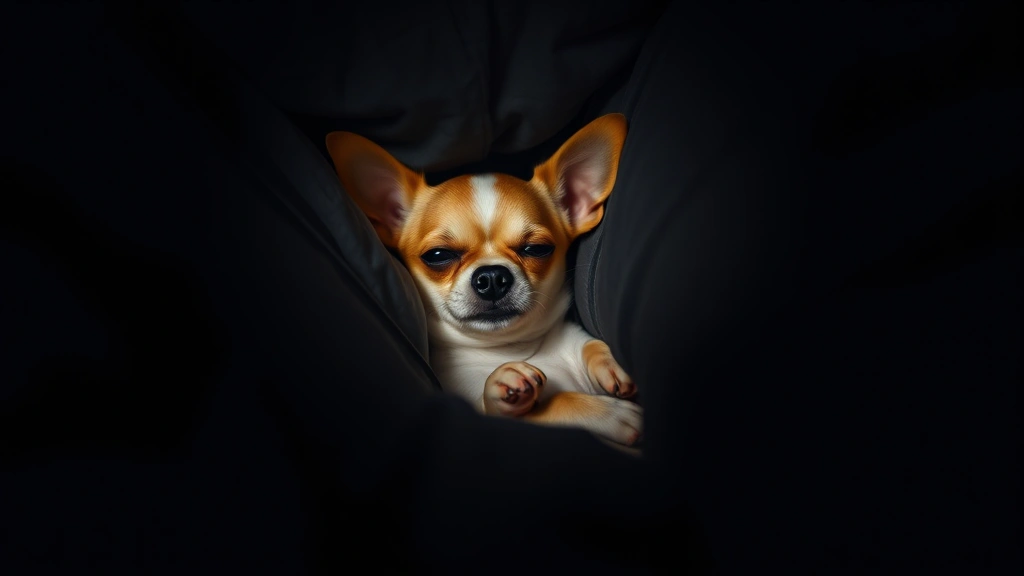 Small dog breed Chihuahua nestled between person's legs in bed, seeking warmth, soft bedding, nighttime scene, dog appears content and secure in enclosed space