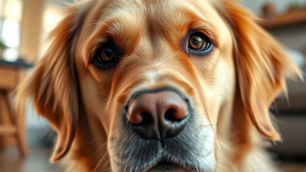 Close-up of a concerned golden retriever's face with gentle, worried expression, soft natural lighting, indoor home setting, showing dog's emotional distress